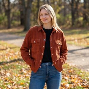 Happiness Istanbul Corduroy Shacket Women 36 Rust Orange Button Front Oversized